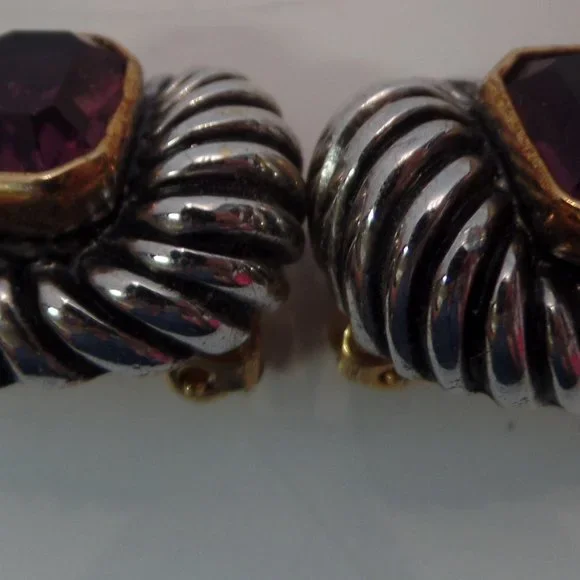 Vintage Gold & Silver Tone W Purple Stone CLIP On Earrings. Miss Jacksons Tulsa - Picture 7 of 12
